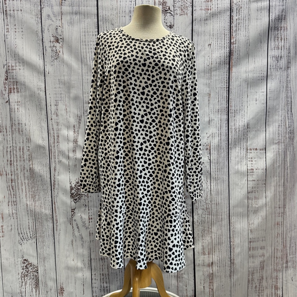 LOFT White with Black Hearts Long Sleeve Flounce Dress Size Large - Picture 3 of 10